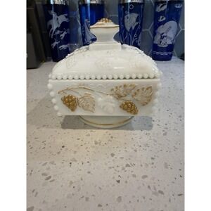 Westmoreland Paneled Beaded Edge Grape Gold Milk Glass Candy Dish Mid Century